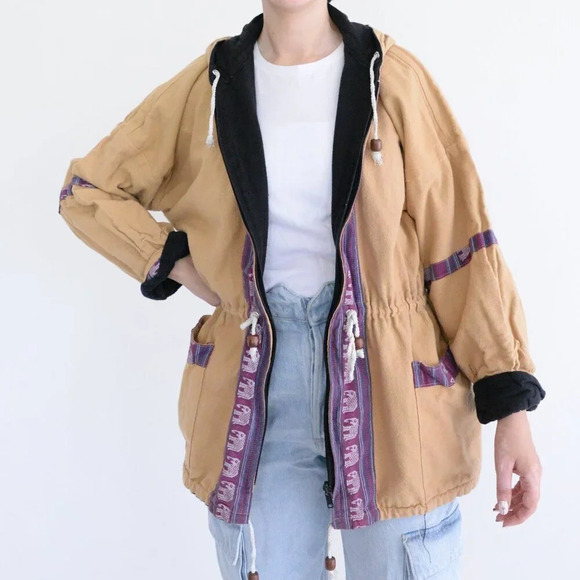 Jackets & Blazers - Vintage 90's Handmade Tan & Purple Aztec & Elephant Reversible  Zip Up Jacket M